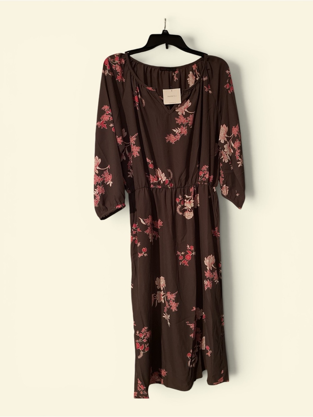 Women's Brown Midi Dress with Pink Floral Print